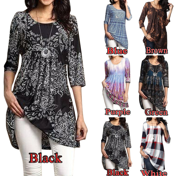 Womens Fashion Plus Size Empire Waist Paisley Floral Vintage Printed 3/4  Sleeve Flared Tunic Dress Tops