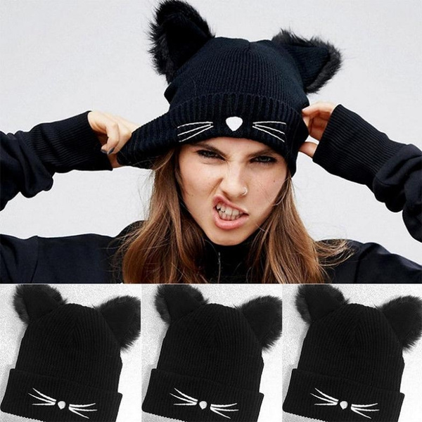 Fashion Punk Girl Women Devil Cat Ear Knit Beanie Hat Cap Winter Warmer Black 