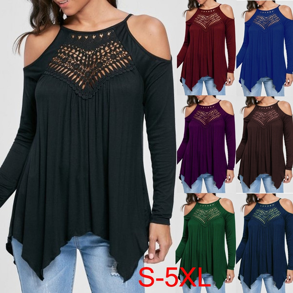 Fashion Long Sleeve solid color casual off the shoulder T Shirt Tops ...