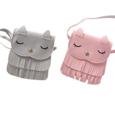Children Girls Cute Tassel Cat Shoulder Messenger Bag Mini Coin Purses PU Leather Handbags Wallet