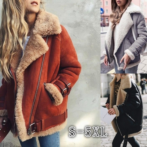 Hmarkt Women's Slim Fit Long Sleeve Faux Suede Long Lamb Wool Coat  Shearling Jacket Light Grey US L : Amazon.in: Clothing & Accessories