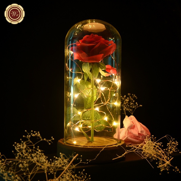 Wr Eternal Rose Flower Preserved Fresh Plastic Beauty Led Light Red Roses Flowers Glass Cover