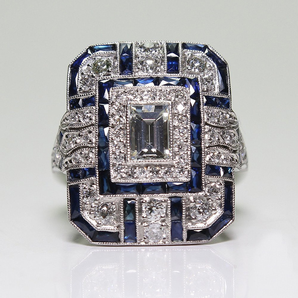 Antique Art Deco Large 925 Jewelry Sterling Silver Blue Sapphire & Diamond Ring