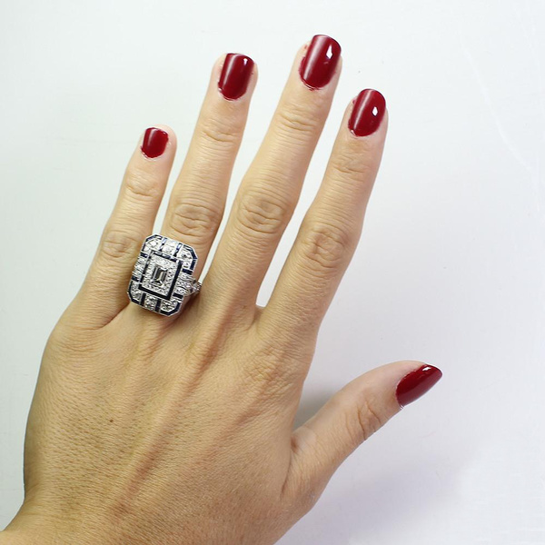 Antique Art Deco Large 925 Jewelry Sterling Silver Blue Sapphire & Diamond Ring