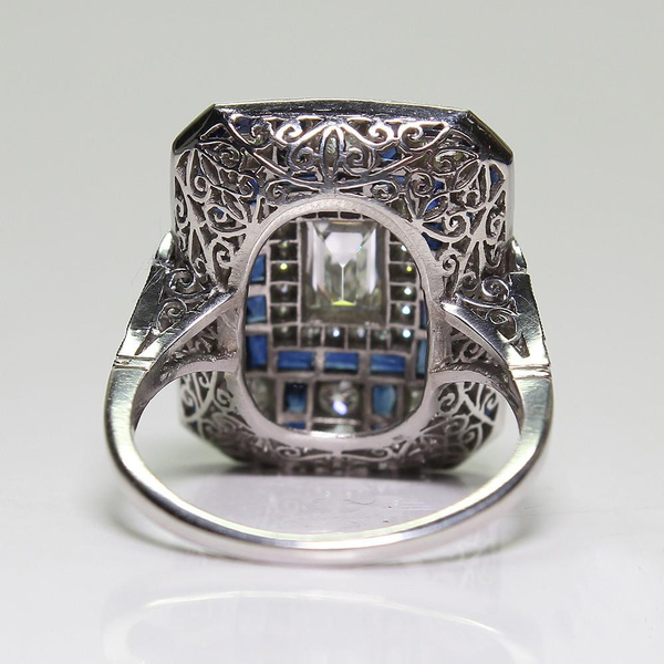 Antique Art Deco Large 925 Jewelry Sterling Silver Blue Sapphire & Diamond Ring