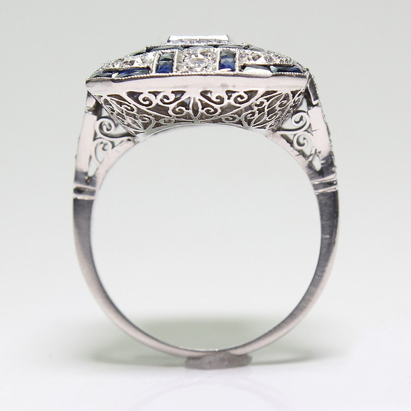 Antique Art Deco Large 925 Jewelry Sterling Silver Blue Sapphire & Diamond Ring