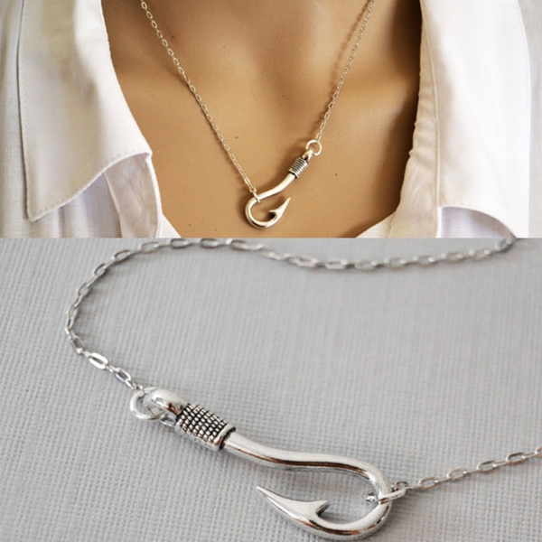 Personalized Fish Hook Necklace Fishing Hook Necklace Fishing Jewelry  Sideways Fish Hook Boat Jewelry Christian Jewelry Faithfully Inspired  (Color: Silver)