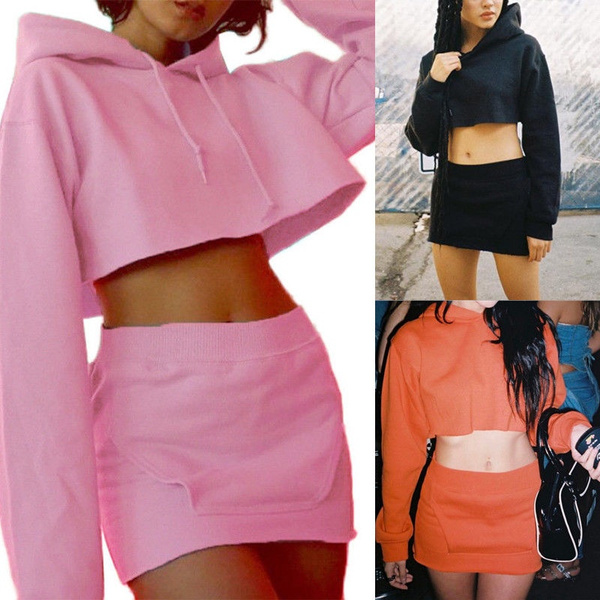 2PCS Women Hoodie long sleeve Sweater Crop Tops Pocket Pencil