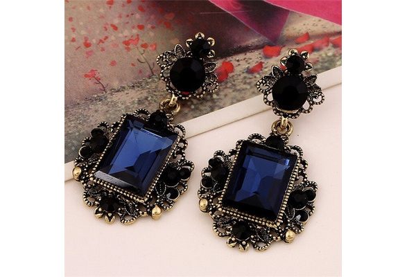 Luxury Vintage Style Dark Blue Gold Jewellery Set Drop Earrings Necklace S916
