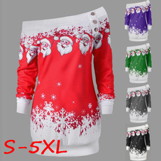 Women's Fashion Santa Claus Snowflake Skew Neck Pullover Cotton Christmas Sweatshirt Hoodies S-5XL