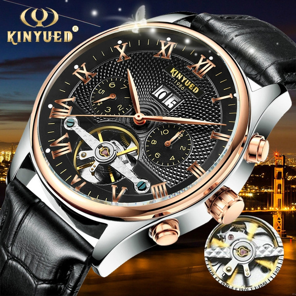 KINYUED Skeleton Automatic Watch Men Waterproof Top Brand Mens Mechanical Watches Leather Calendar Rose Gold