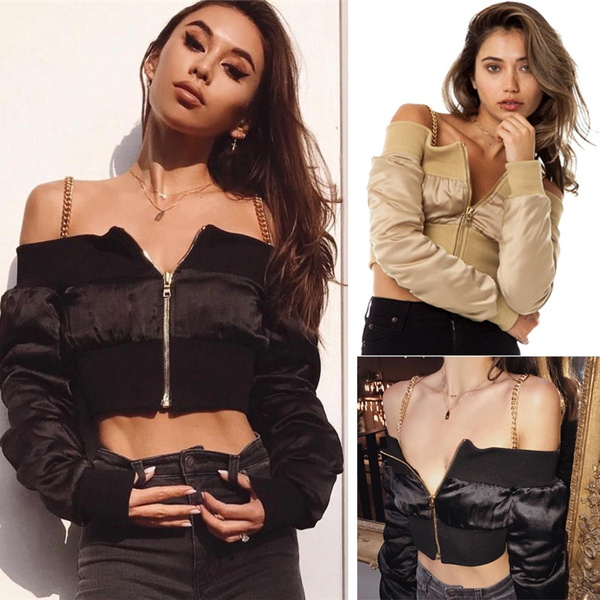 Off shoulder zip up cheap jacket