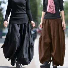2 Color Women Vintage Solid Casual Cotton Linen Lantern Harem Pants Long Trousers