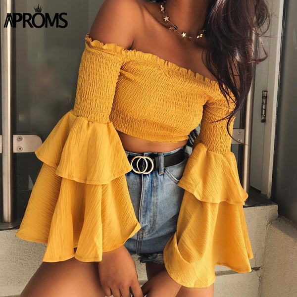 Sweet Ruffle Flare Sleeve Yellow Blouse 