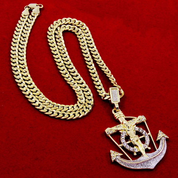 Details about   Men's Gold Plated Anchor Jesus Pendant 20" 24" 30" Tennis Chain Hip-Hop Necklace 