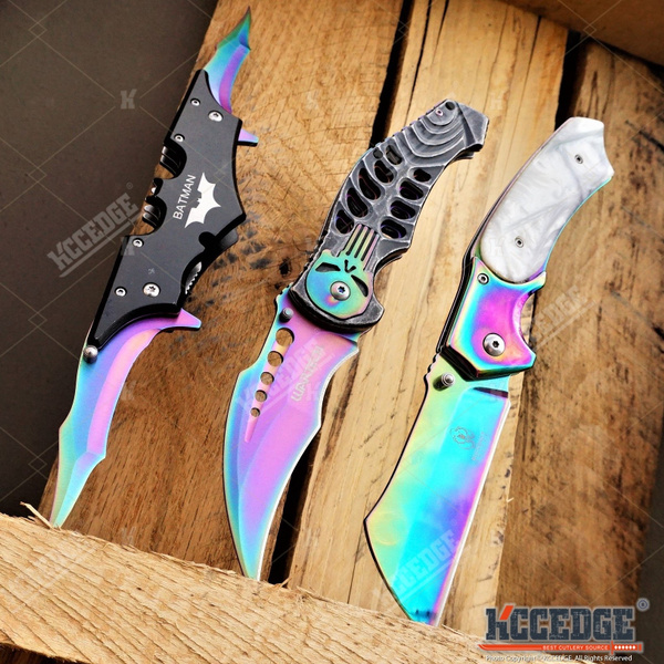 USA SELLER USA STOCK 2PC Rainbow COMBO SET TACTICAL CLEAVER Style Pearlized  Pocket Knife + PUNISHER KARAMBIT Skull & Spine Folding Knife Hunting Gift