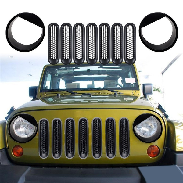 Chrome Headlight+Front Mesh Grille+Gas w/Magnet Cover fit 07-17 Jeep Wrangler JK