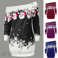 Fashion S-5XL Long Sleeve Slash Neck Santa Claus Print Sweatshirts Christmas Outwear Pullovers
