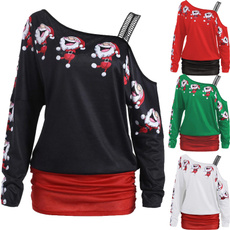 2017 Off Shoulder Santa Claus Printed T Shirts Women Fashion Tunic Tops Christmas Sweatshirts for Women