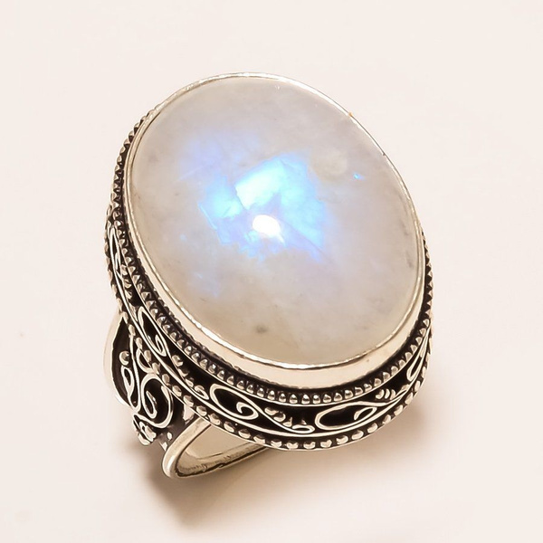 925 Silver Natural Moonstone Gemstone Anniversary Jewelry Gift Ring Size 6-10