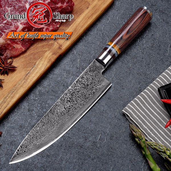 BGT Japanese 67 Layer High Grade VG-10 Super Damascus Steel Knives, Sharp,  Teak Handle Professional Hammered Kitchen Knife Set with Knife Roll Bag