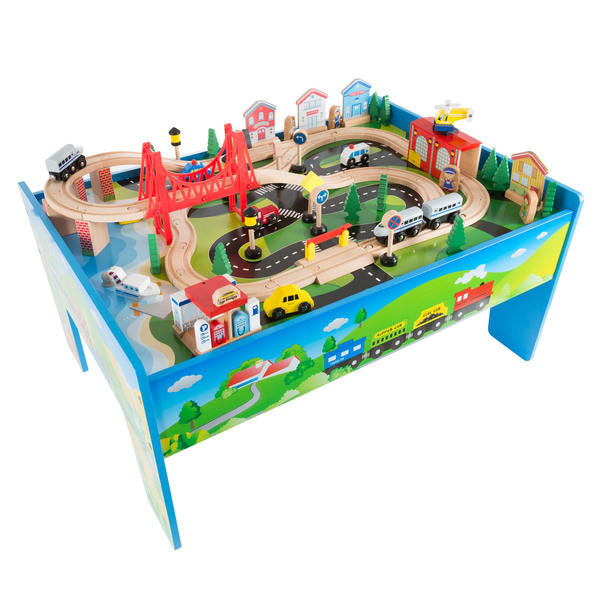 wooden table and train set