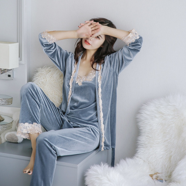 2018 New Winter Velvet Pajamas Long Sleeved Cardigan Vest Suit Home ...