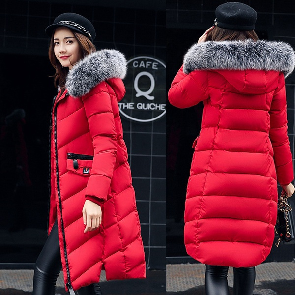 New Winter Jacket Women Slim Long Coats Fur Collar Parka Thick Cotton  Padded Hooded Puffer Coat Down & Parkas Black Green Red Pink Grey