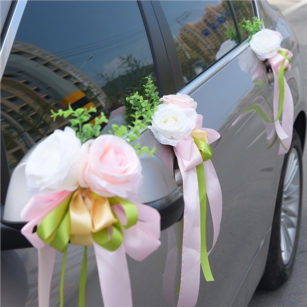 2pcs Artificial Rose Ribbon Flower Wedding Car Mirror Door Decoration Pink 