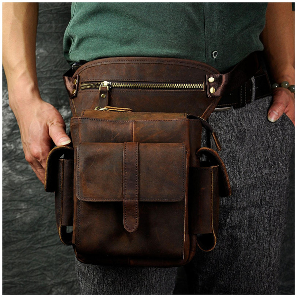 John Marston Le'aokuu Men's Genuine Leather Mini Messenger Bag - Small Fanny Pack Shoulder Satchel Thigh Satchel