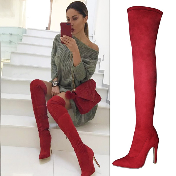 Women Stretch Faux Suede Slim Thigh High Boots Sexy Fashion Over The ...