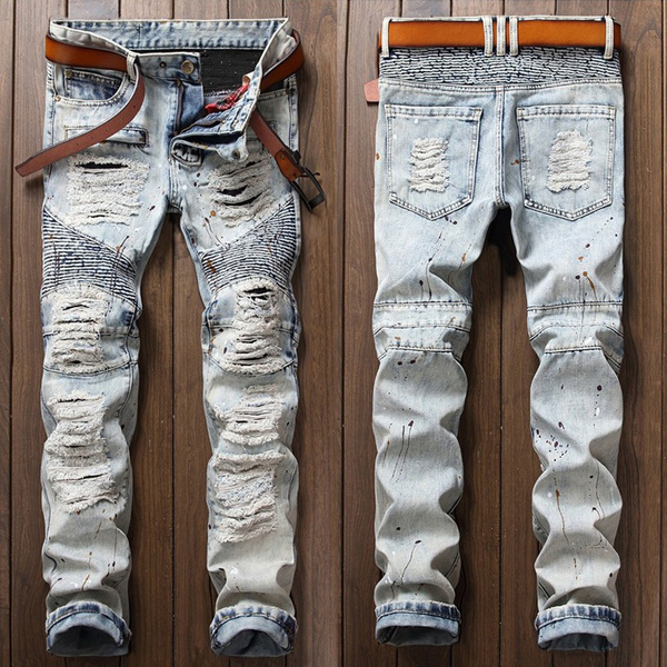 Men Jeans Ripped Pants Slim Fit Motorcycle Vintage | Ubuy Bahrain