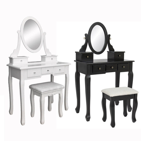 Girls White Dressing Table & Stool Mirror & Drawers