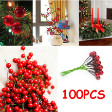 100Pcs Artificial Red Holly Berry Christmas Decor On Wire Bundle Garland Wreath