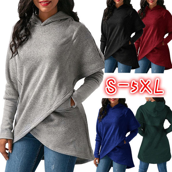 Autumn Winter Women s Fashion Asymmetric Hem Long Sleeve Pocket