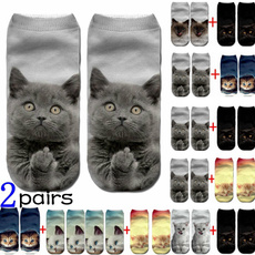 2Pairs Cute 3D Cat Printed Cotton Short Socks Boat Casual Cat Cartoons Kawaii Ankle Women Sock Girl Gifts Accessories