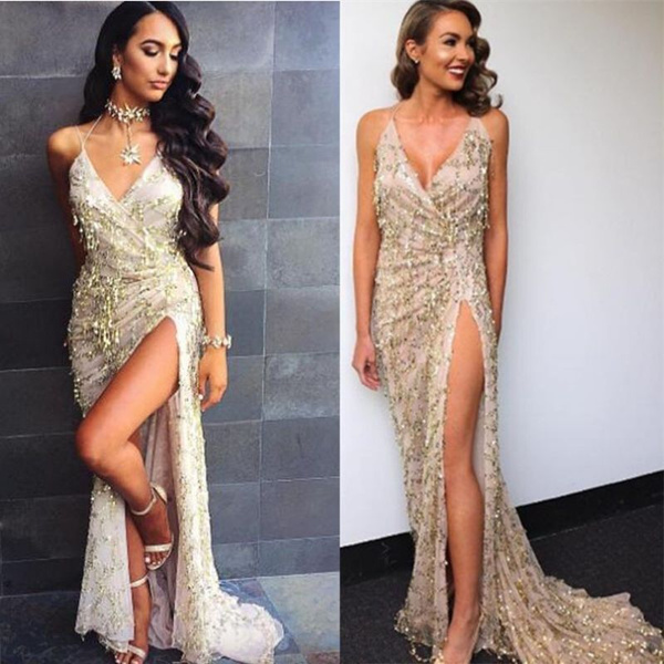 Sequin V-Neck Backless Maxi Dress