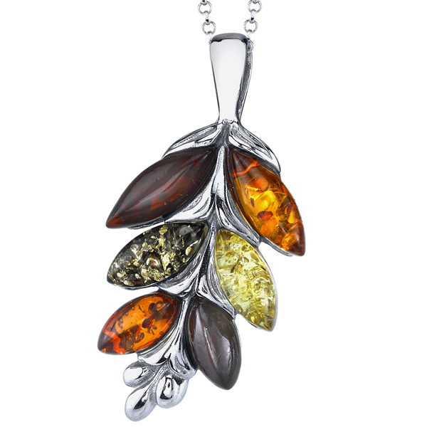 Multicolor Amber Sterling Silver Leaf Necklace Chain 18