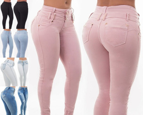Sexy Women Pink High Waist Jeans Ladies Skinny Pencil Pants Casual Women Denim Pants (blue and lightblue are jeans)