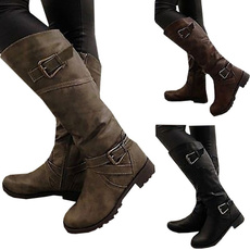 Women Fashion Winter Wide Calf Low Heel Belt Buckle Riding Leather Boots Plus Size(EU 35-43)(Please Choose One Size Bigger Than Usual)