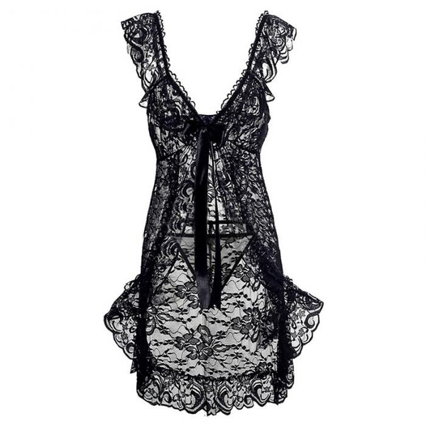 Sexy Pajamas Lace Sexy Mesh Sling Underwear Cardigan Lingerie Three ...