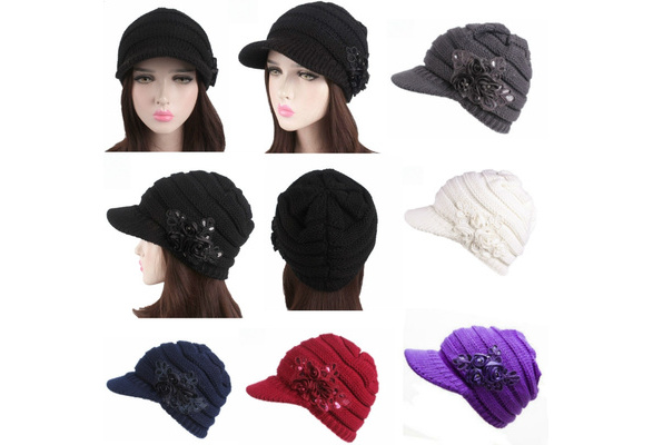 New Fashion Women's Cable Knit Visor winter Warm Flower Design Multi-Color Hat 