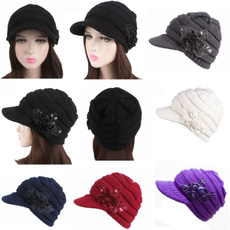  Fashion Winter Women's Cable Knit Visor Hat with Flower Accent Knitted Beret Cap