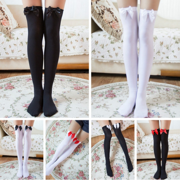 Girl Stretchy Meias Over The Knee High Socks Stockings Tights With Bows Thigh AT 