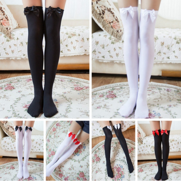 Girl Stretchy Meias Over The Knee High Socks Stockings Tights With Bows Thigh AT Girl Stretchy Meias Over The Knee High Socks Stockings Tights With Bows Thigh AT