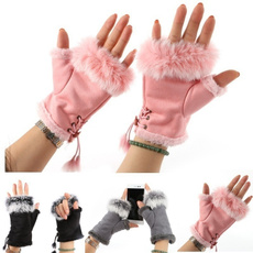 Fashion Women\'s Faux Rabbit Fur Hand Wrist Warmer Fingerless Gloves Winter Glove