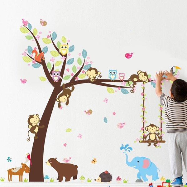 1set Jungle Animals Tree Monkey Owl Removable Wall Decal Stickers Nursery Room Decor Wish 1set Jungle Animals Tree Monkey Owl, Monkey Nursery Decor