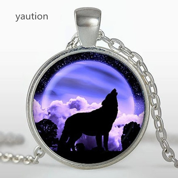 New hot Wolf Moon Pendant Wolf s Moon Necklace Purple Moon Jewelry Black and Purple Full Moon Jewelry Wolf Pendant