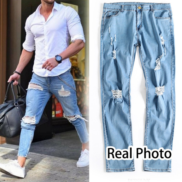 Men Distressed Ripped Jeans Stretch Skinny Slim Fit Denim Pants Frayed  Trousers | Fruugo BH