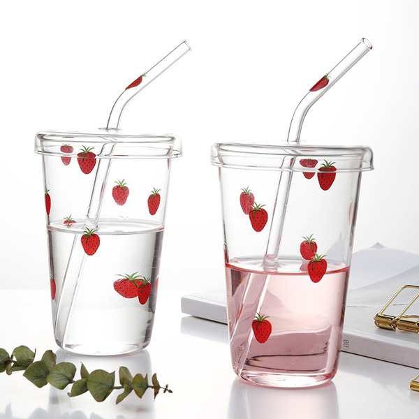 400ML Strawberry Glass Cup with Lid and Straw (Set of 1)